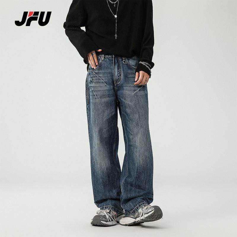 JFU秋季美式街头爆裂纹蓝色直筒牛仔裤男高街宽松微喇阔腿长裤子