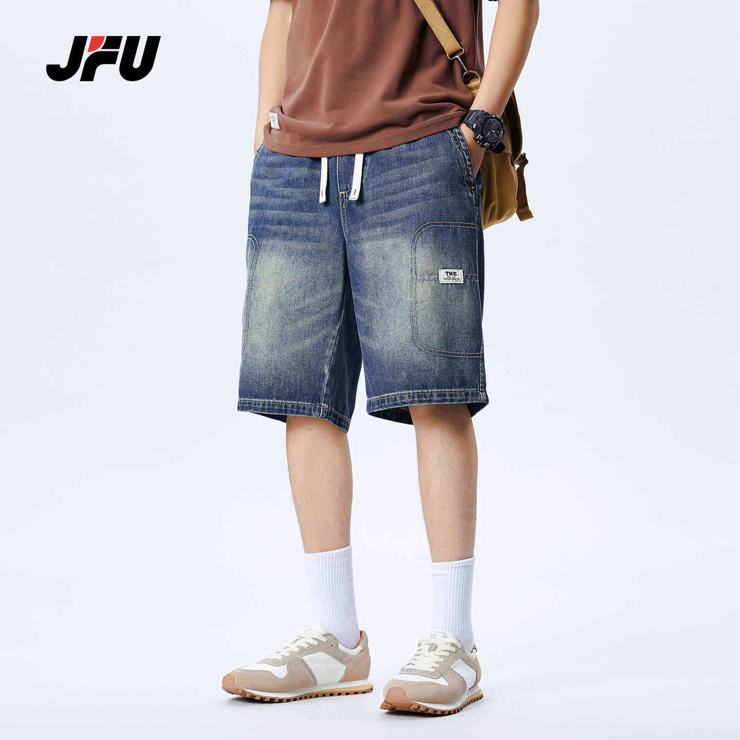 JFU夏季美式复古磨白褶皱休闲牛仔短裤男款宽松直筒阔腿五分裤