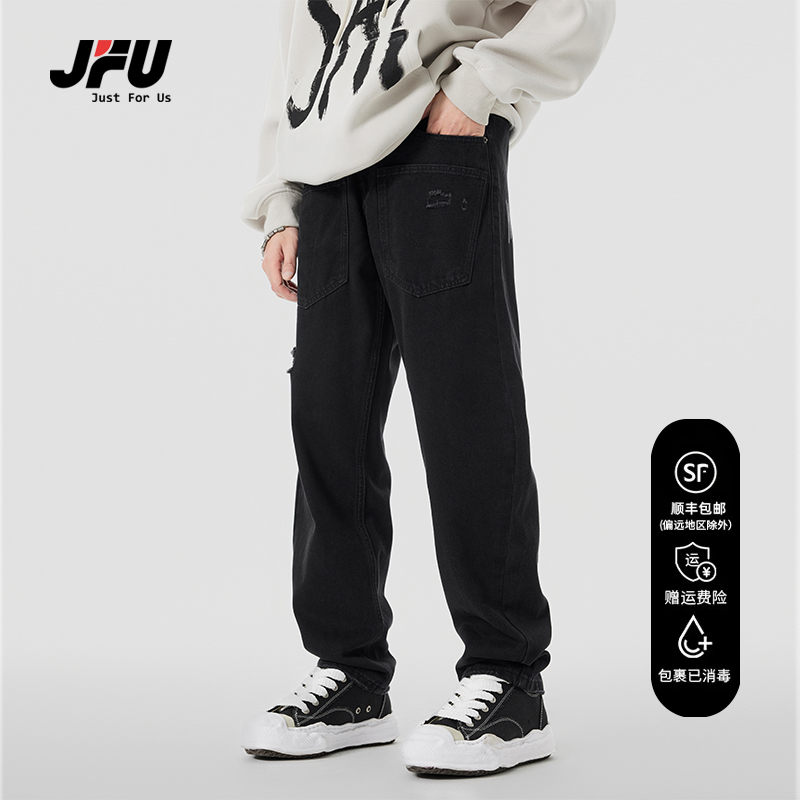 JFU春夏薄款做旧直筒牛仔裤男款美式复古宽松百搭潮长裤子男黑色