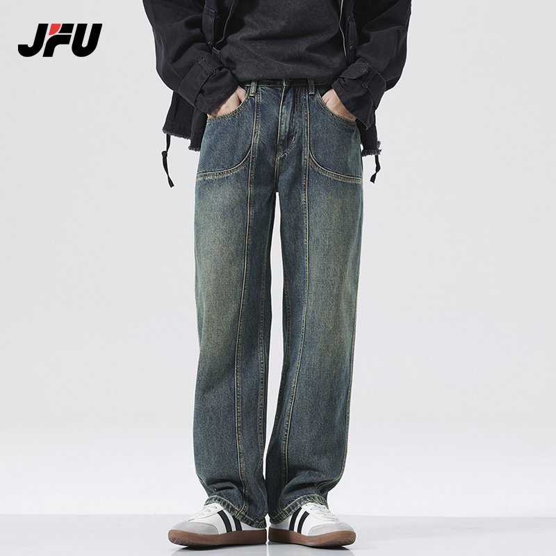 JFU美式复古牛仔裤男2024新款工装宽松直筒秋冬新款阔腿长裤子潮