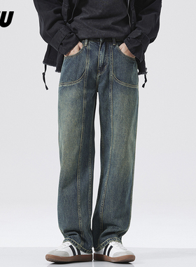 JFU美式复古牛仔裤男2024新款工装宽松直筒秋冬新款阔腿长裤子潮