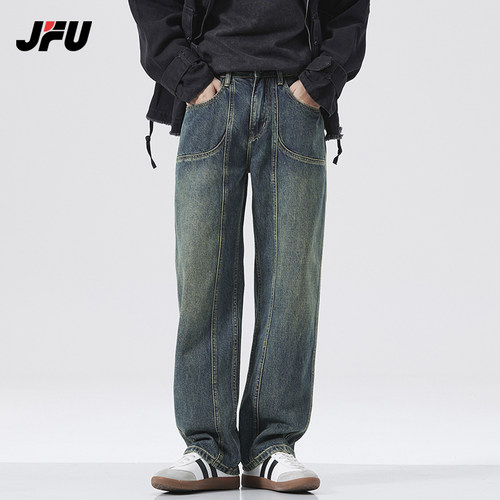 JFU美式复古牛仔裤男2024新款工装宽松直筒秋冬新款阔腿长裤子潮