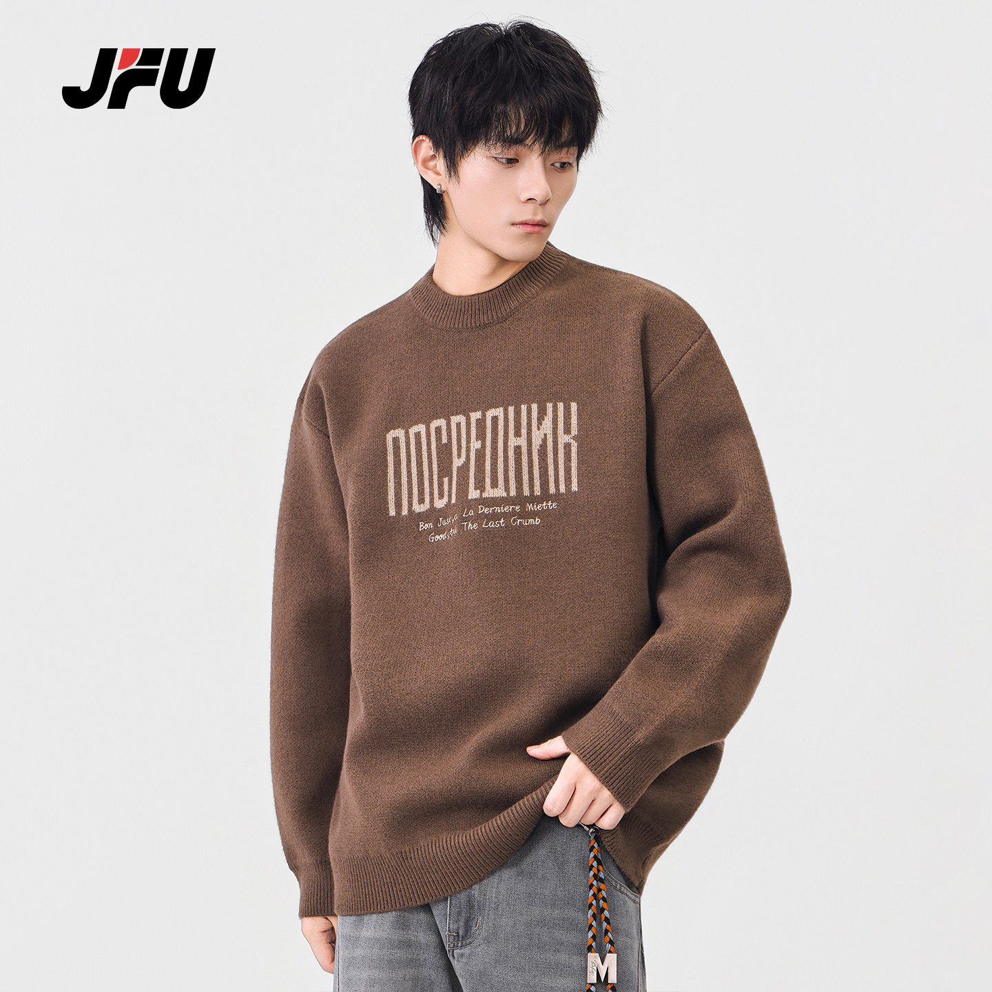 JFU潮牌复古纯色圆领针织衫男款