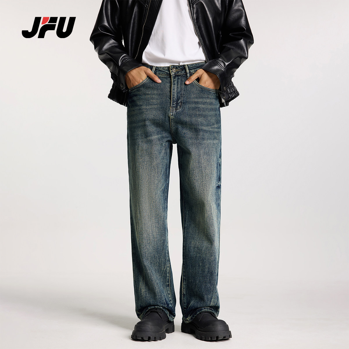 JFU美式复古蓝阔腿牛仔裤男2024秋冬季宽松百搭直筒cleanfit长裤