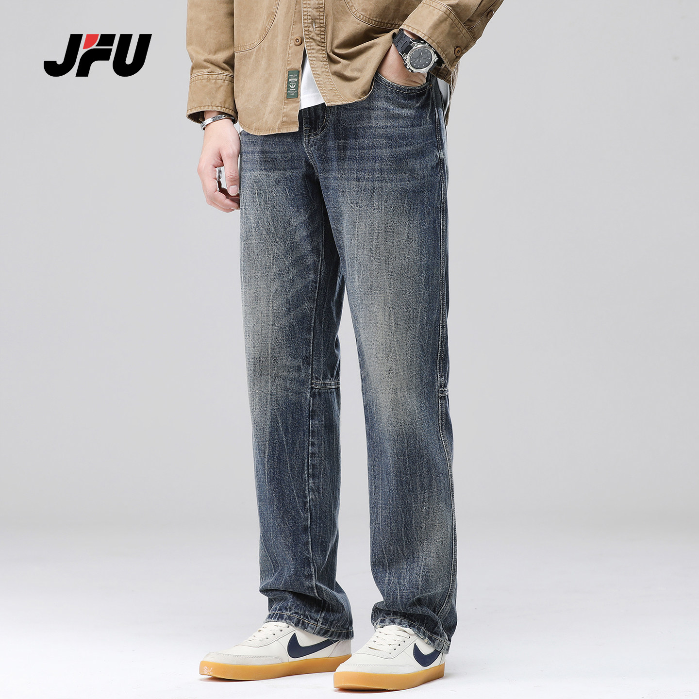 JFU潮牌复古做旧直筒牛仔裤男图片