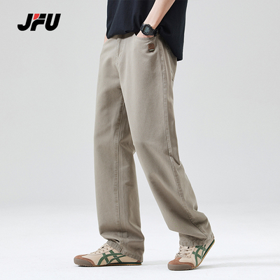 JFU冰丝莱赛尔夏季款美式复古直筒休闲裤男款宽松阔腿拖地长裤子