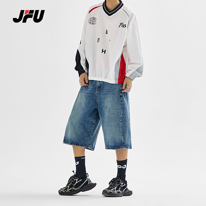 JFU夏季新款美式复古水洗做旧休闲牛仔短裤男款宽松阔腿七分裤