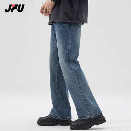 JFU 2024美式牛仔裤男款春秋款水洗做旧微喇宽松直筒裤复古潮牌