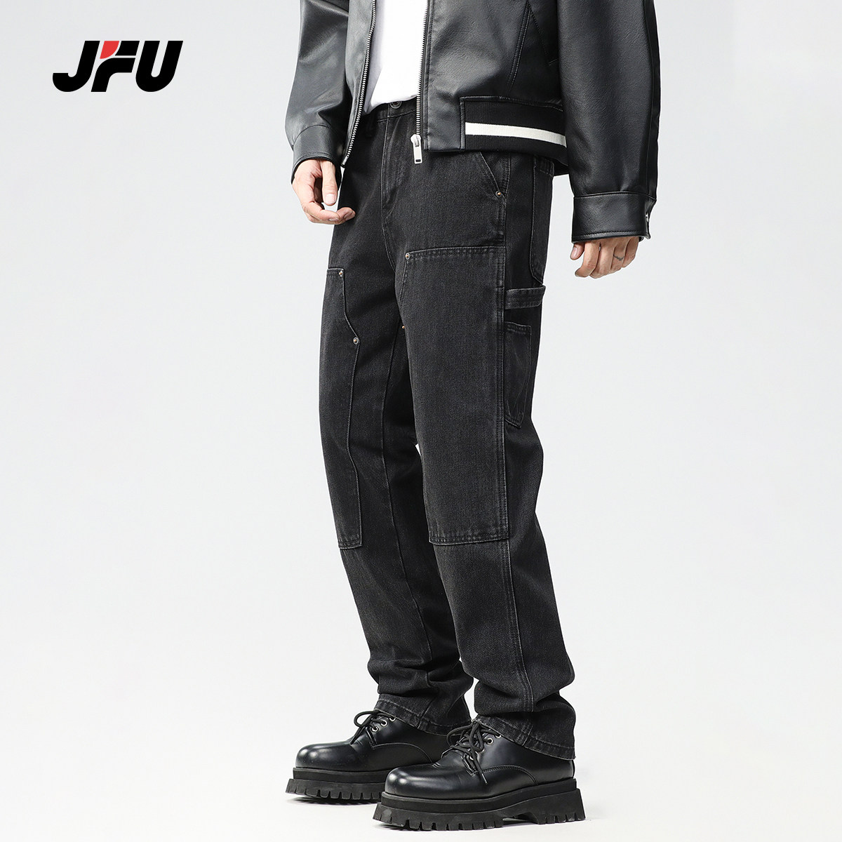 JFU潮牌美式复古工装牛仔裤男图片
