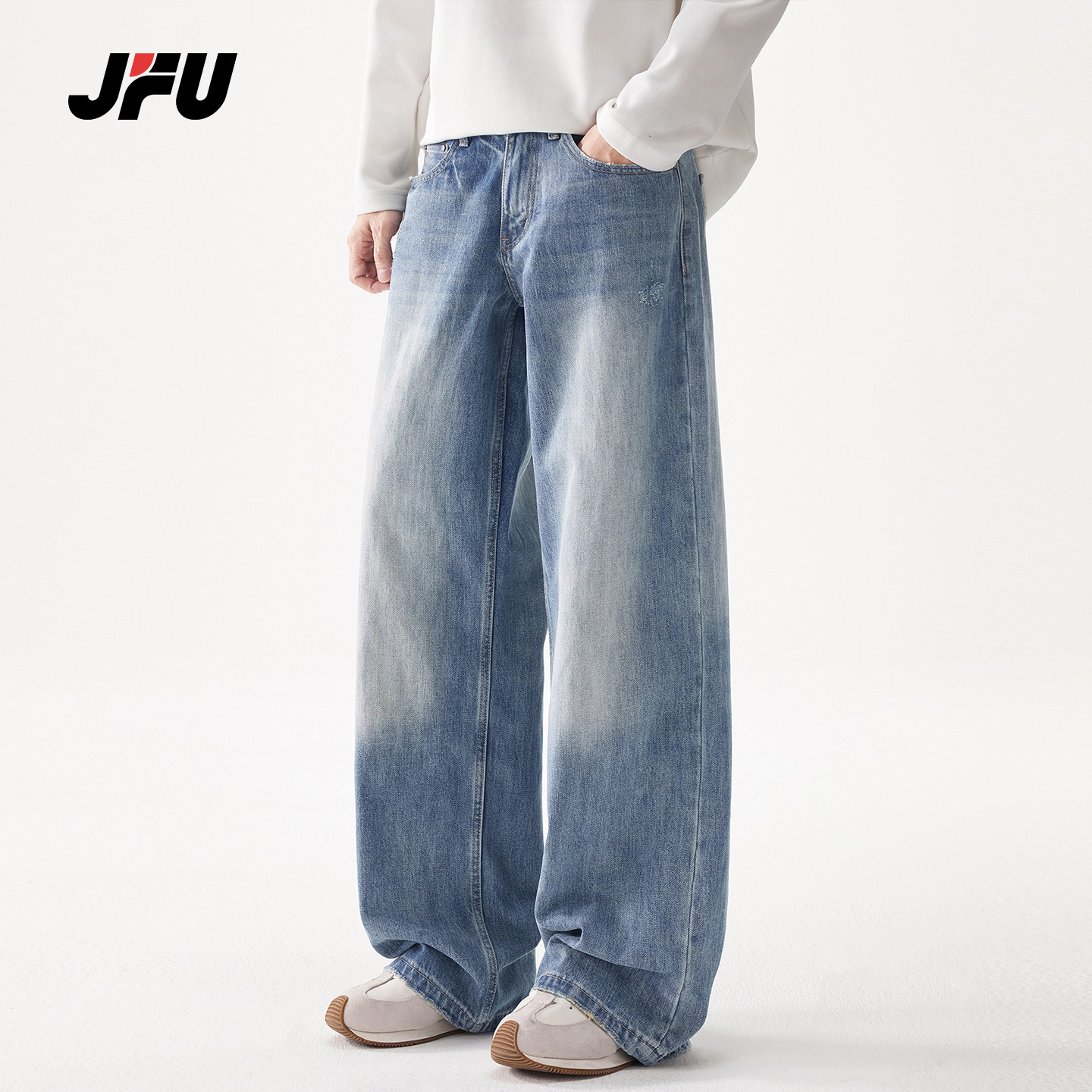 JFU潮牌美式复古男士阔腿牛仔裤图片