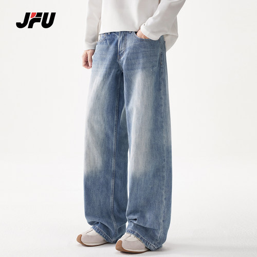 JFU潮牌美式复古男士阔腿牛仔裤