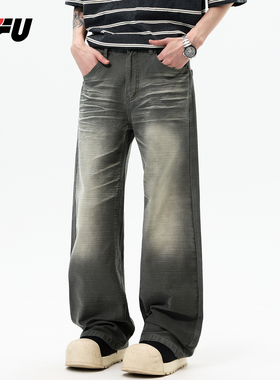 JFU潮牌 春季新款美式高街复古水洗做旧牛仔裤男宽松直筒阔腿长裤