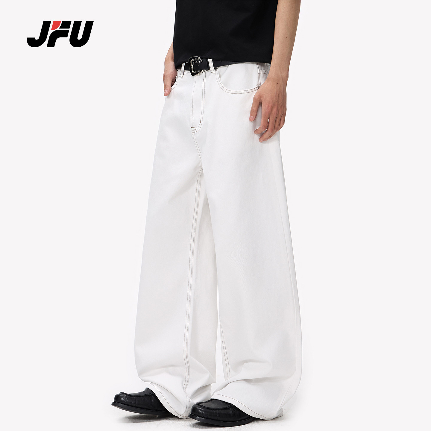 JFU潮牌 春季美式复古白色阔腿微喇牛仔裤百搭男宽松直筒休闲长裤