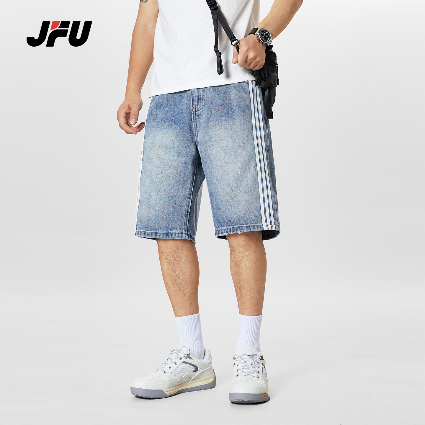 JFU夏季新款美式复古水洗条纹休闲牛仔短裤男款宽松直筒五分裤子