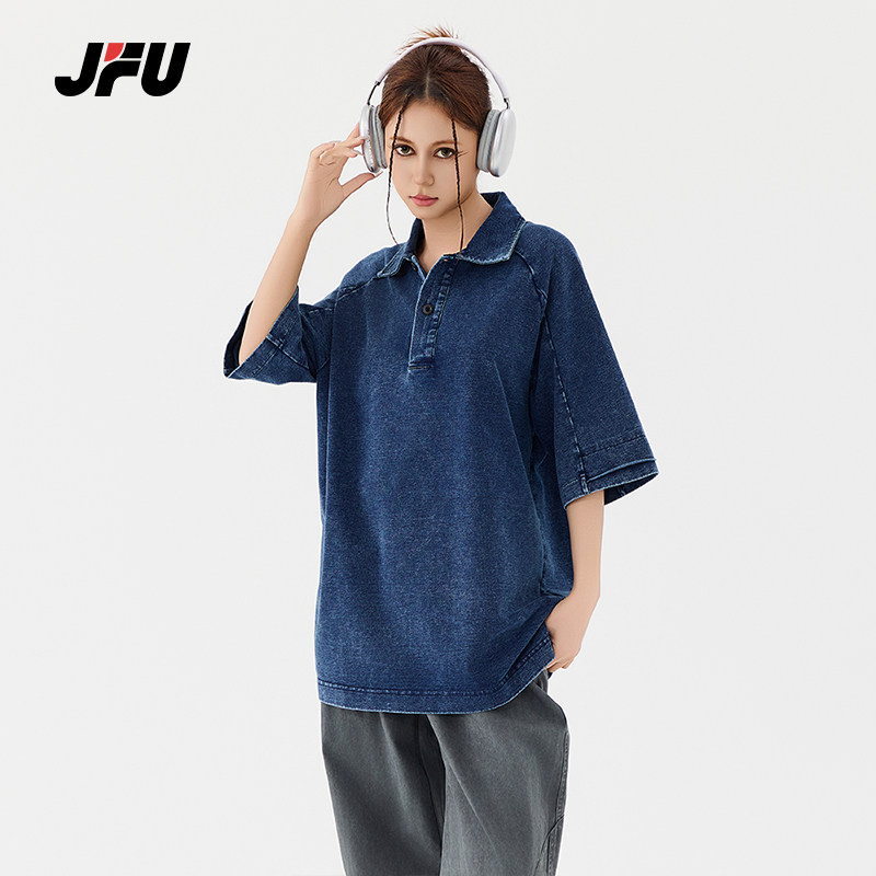 JFU2025夏季水洗肌理垂坠感毛圈针织polo衫薄款美式立领短袖T恤男