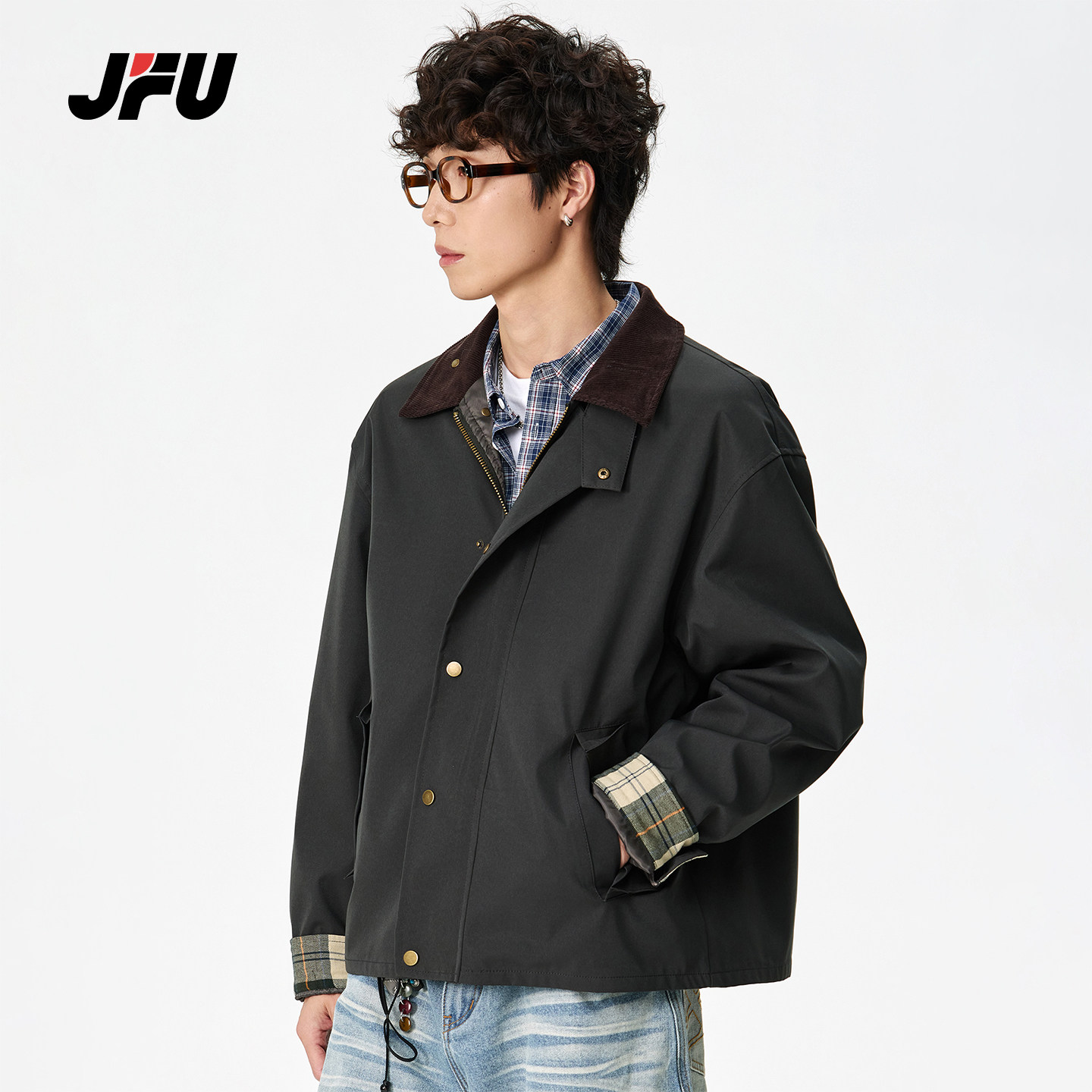 JFU潮牌 春季新款美式复古翻领撞色夹克男宽松工装长袖休闲外套,男装,夹克,淘宝优惠券,粉丝福利购,淘宝优惠卷