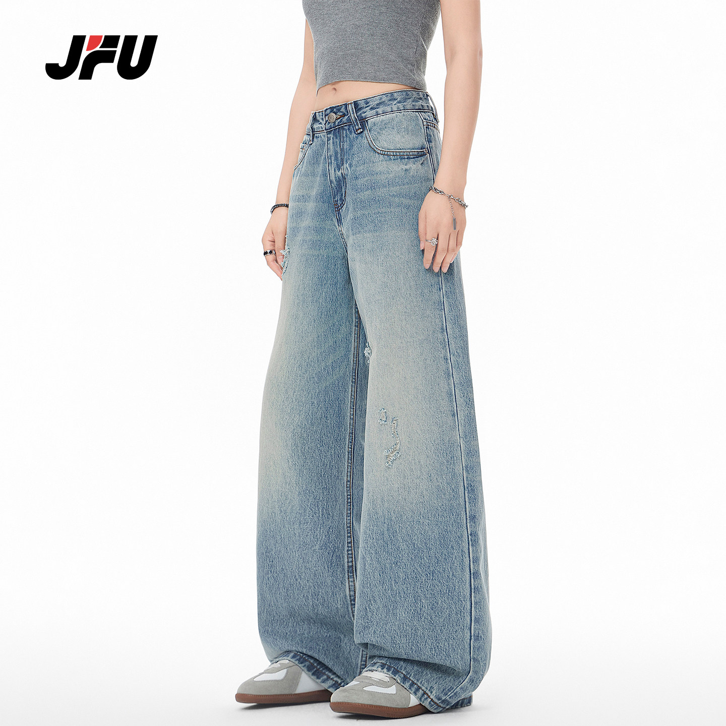 JFU潮牌 春季美式复古水洗牛仔裤男宽松显瘦阔腿高腰直筒休闲长裤