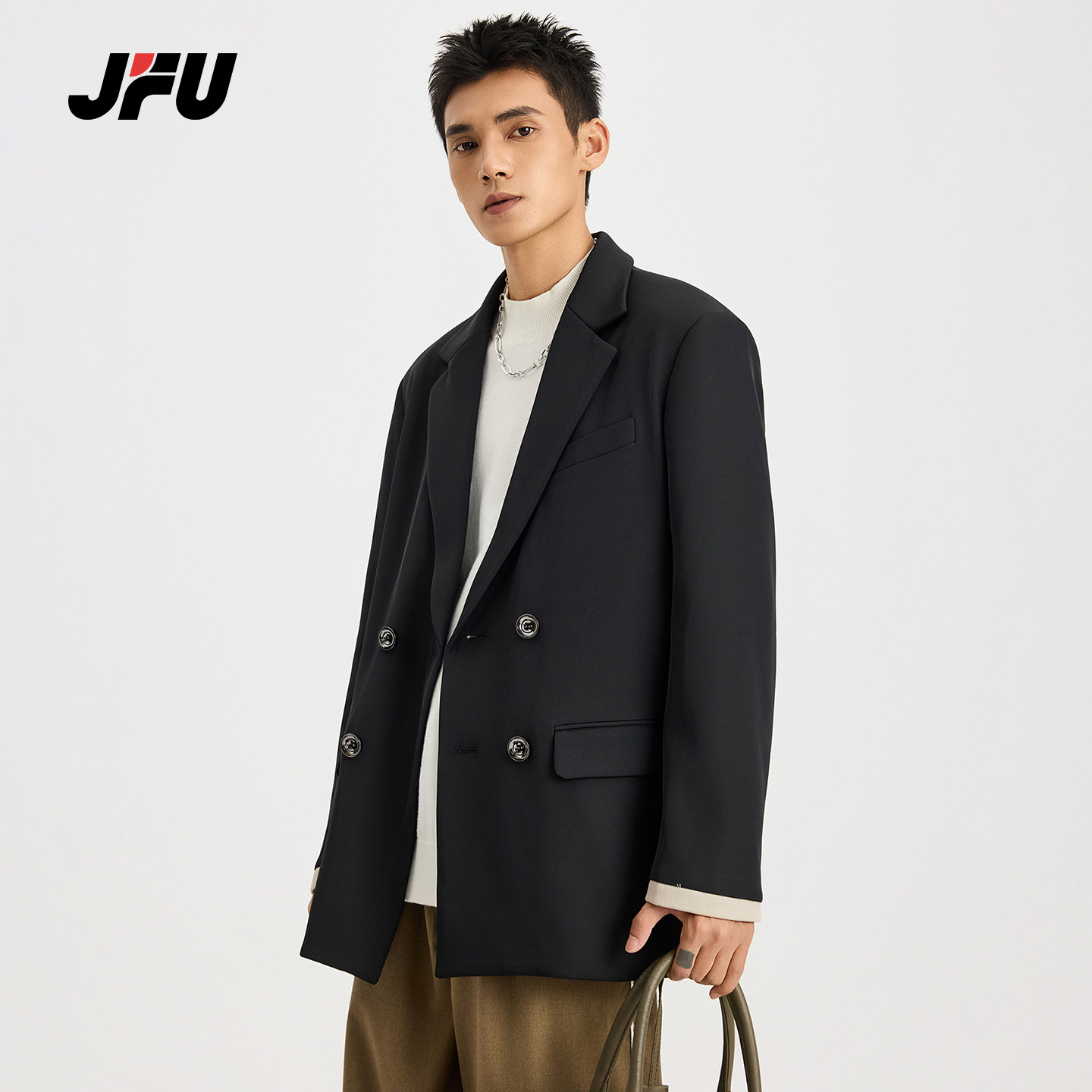 JFU潮牌 秋冬新款经典复古宽松休闲西装外套男款双排扣长袖上衣