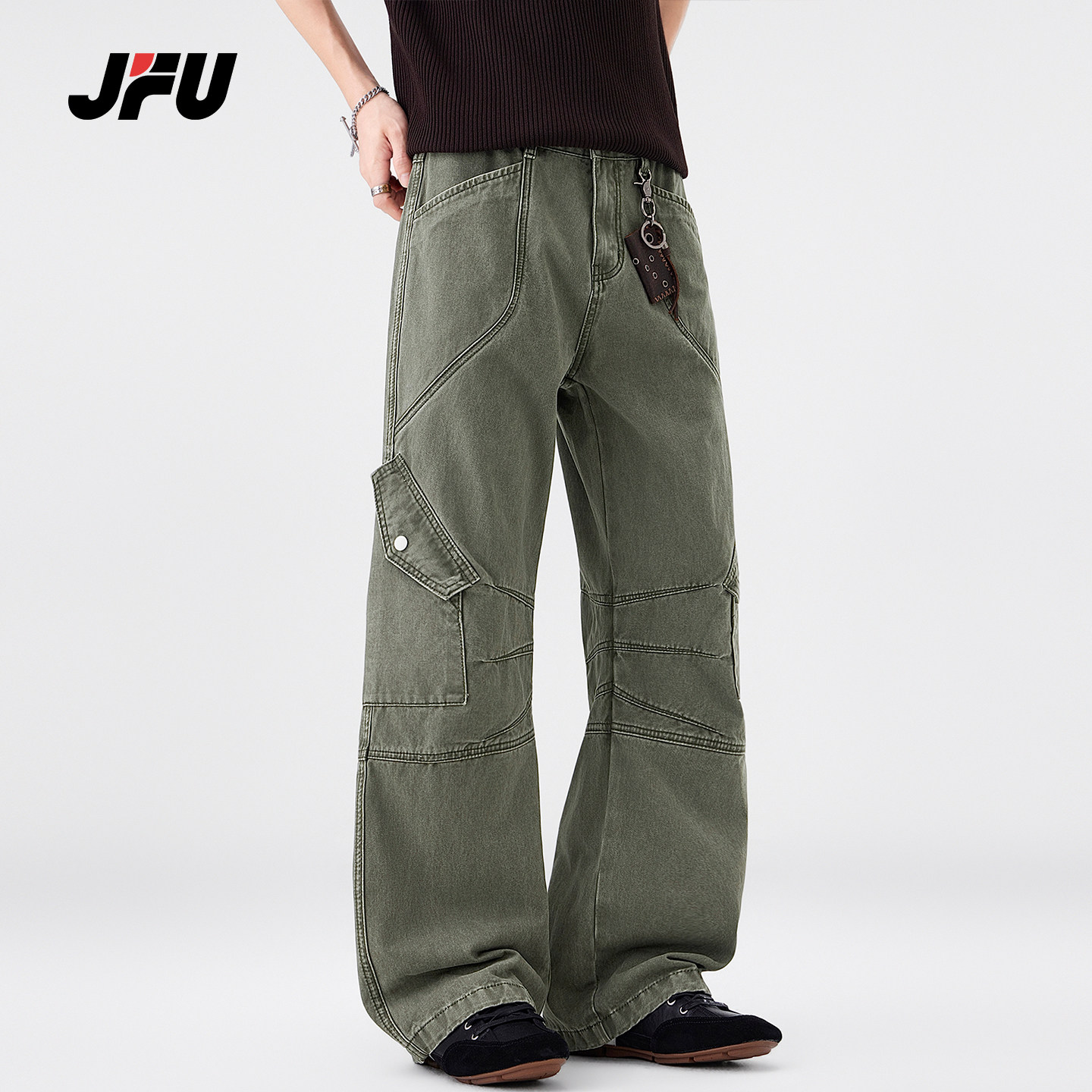 JFU潮牌 春夏季美式复古工装牛仔裤男多口袋宽松直筒阔腿垂感长裤