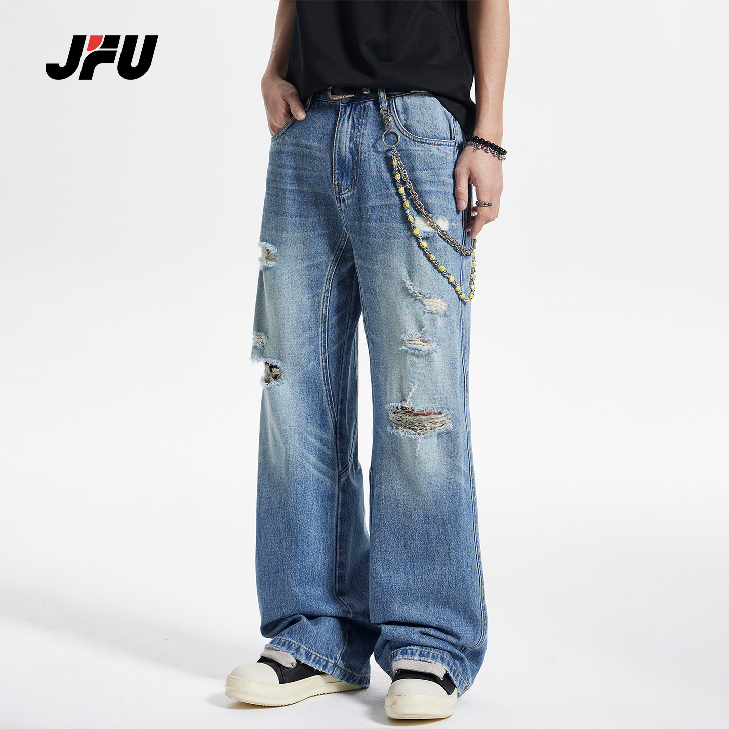 JFU潮牌 春季美式复古水洗做旧破洞牛仔裤男宽松阔腿街头休闲长裤,男装,牛仔裤,淘宝优惠券,粉丝福利购,淘宝优惠卷