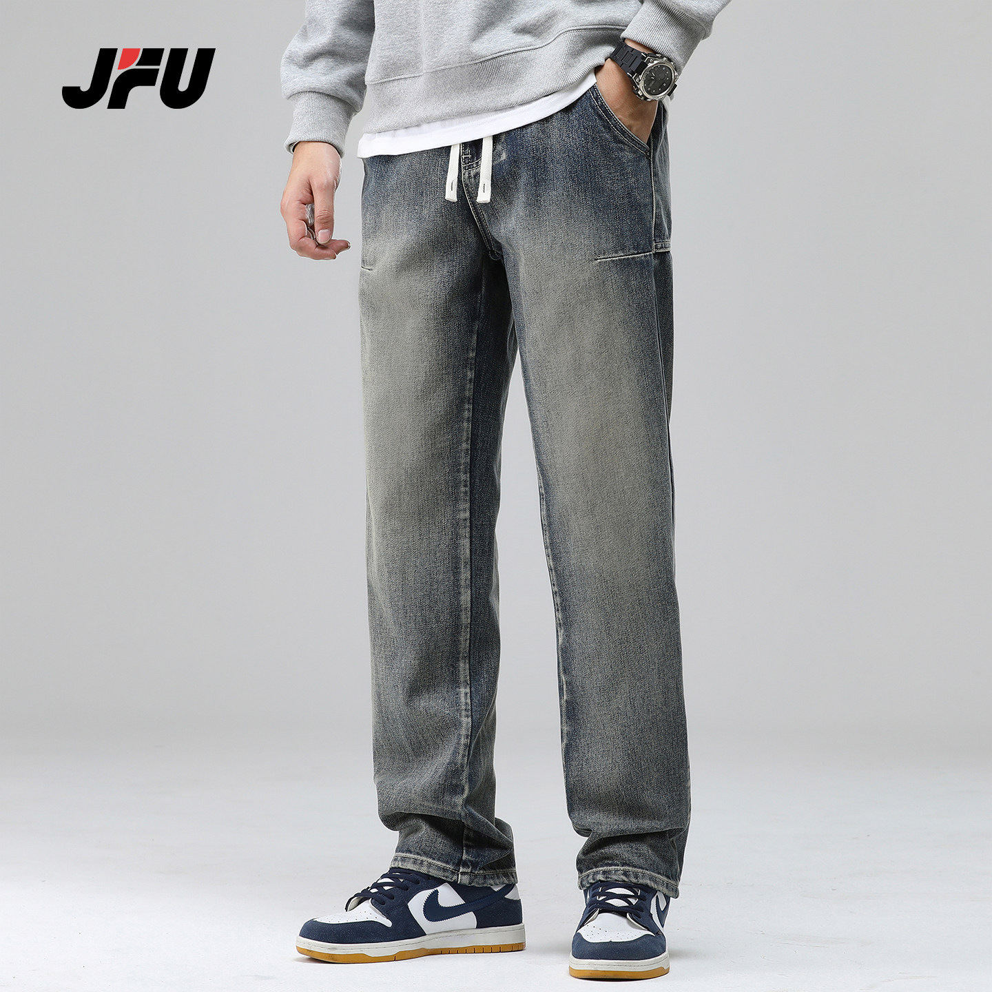 JFU潮牌复古做旧直筒牛仔裤男图片