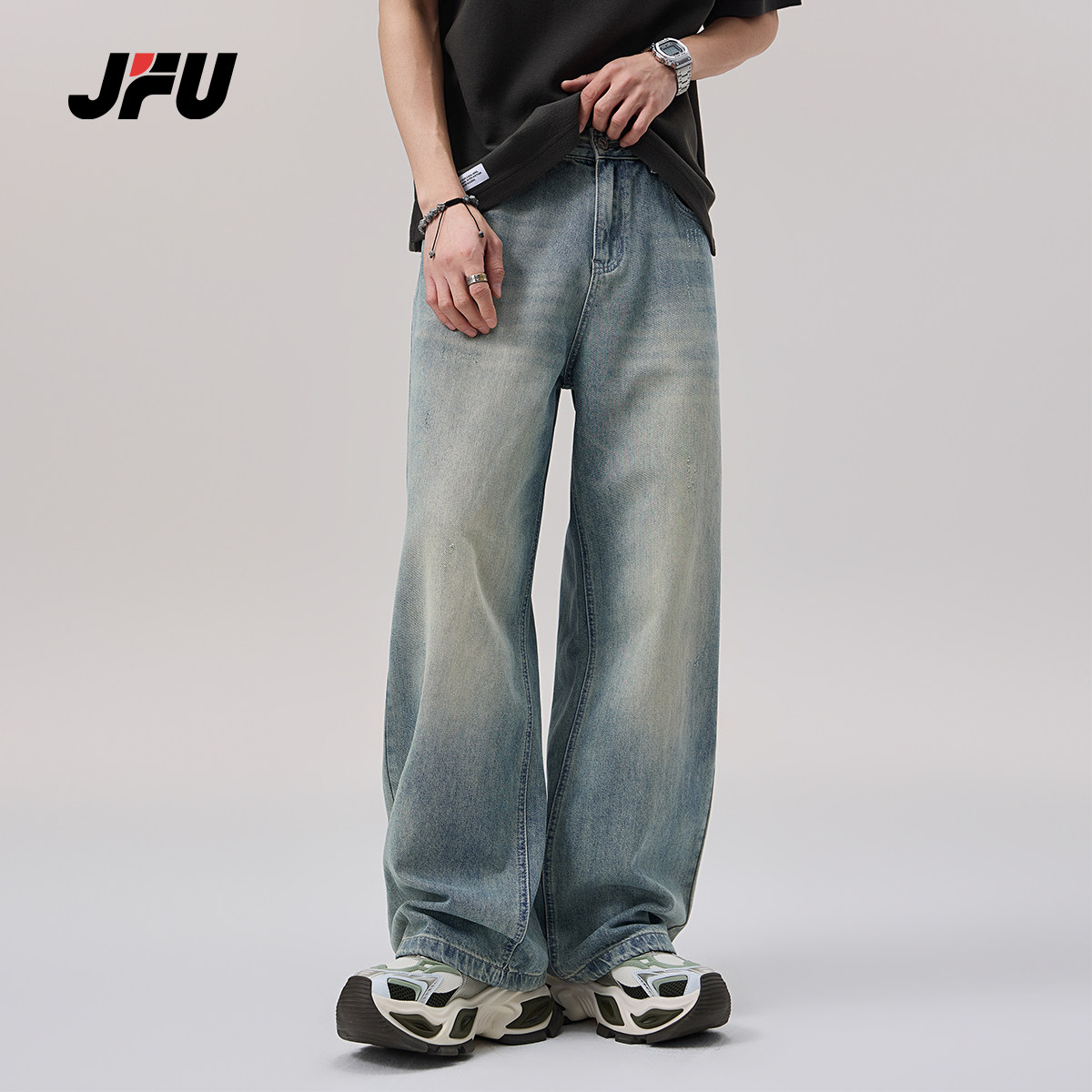 JFU2025春款复古水洗做旧直筒牛仔裤男cleanfit宽松阔腿休闲长裤
