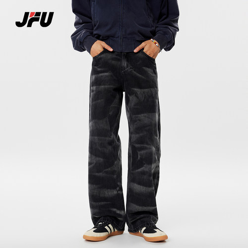 JFU美式高街斑马纹直筒牛仔裤男春秋季潮牌vibe宽松阔腿拖地裤子