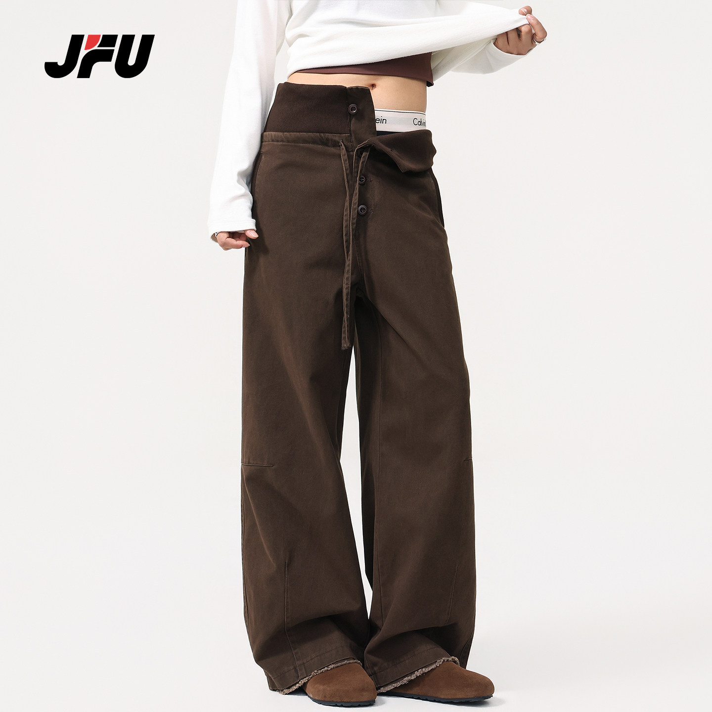 JFU潮牌复古绑带阔腿显瘦休闲裤