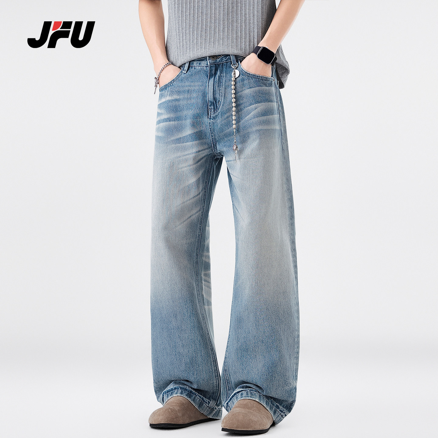 JFU潮牌 春季新款美式复古水洗阔腿微喇牛仔裤男宽松直筒休闲长裤