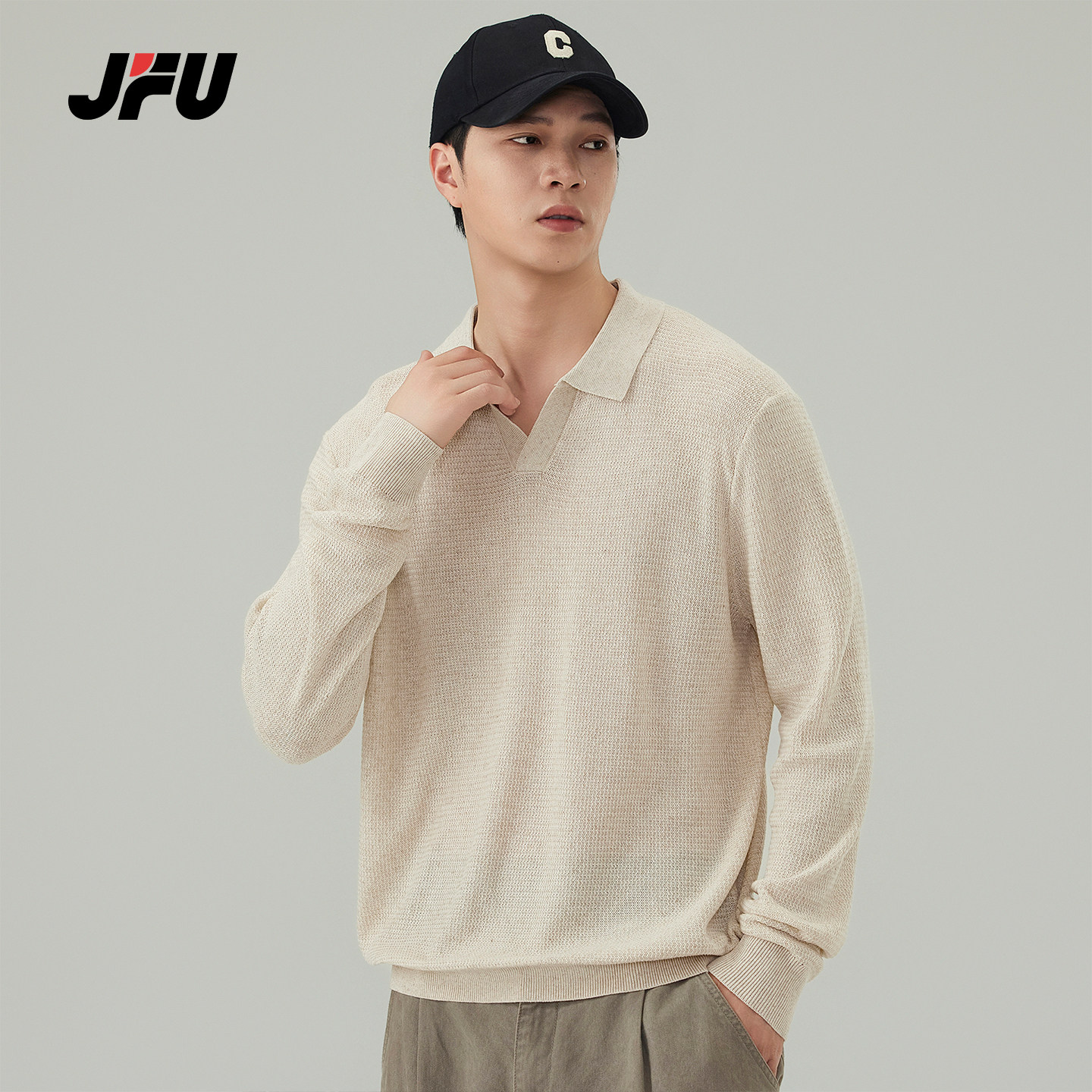 JFU潮牌老钱风翻领长袖针织衫男