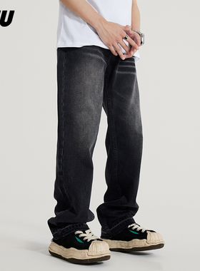 JFU2024美式高街复古春夏薄款设计感黑色水洗宽松直筒牛仔裤男潮