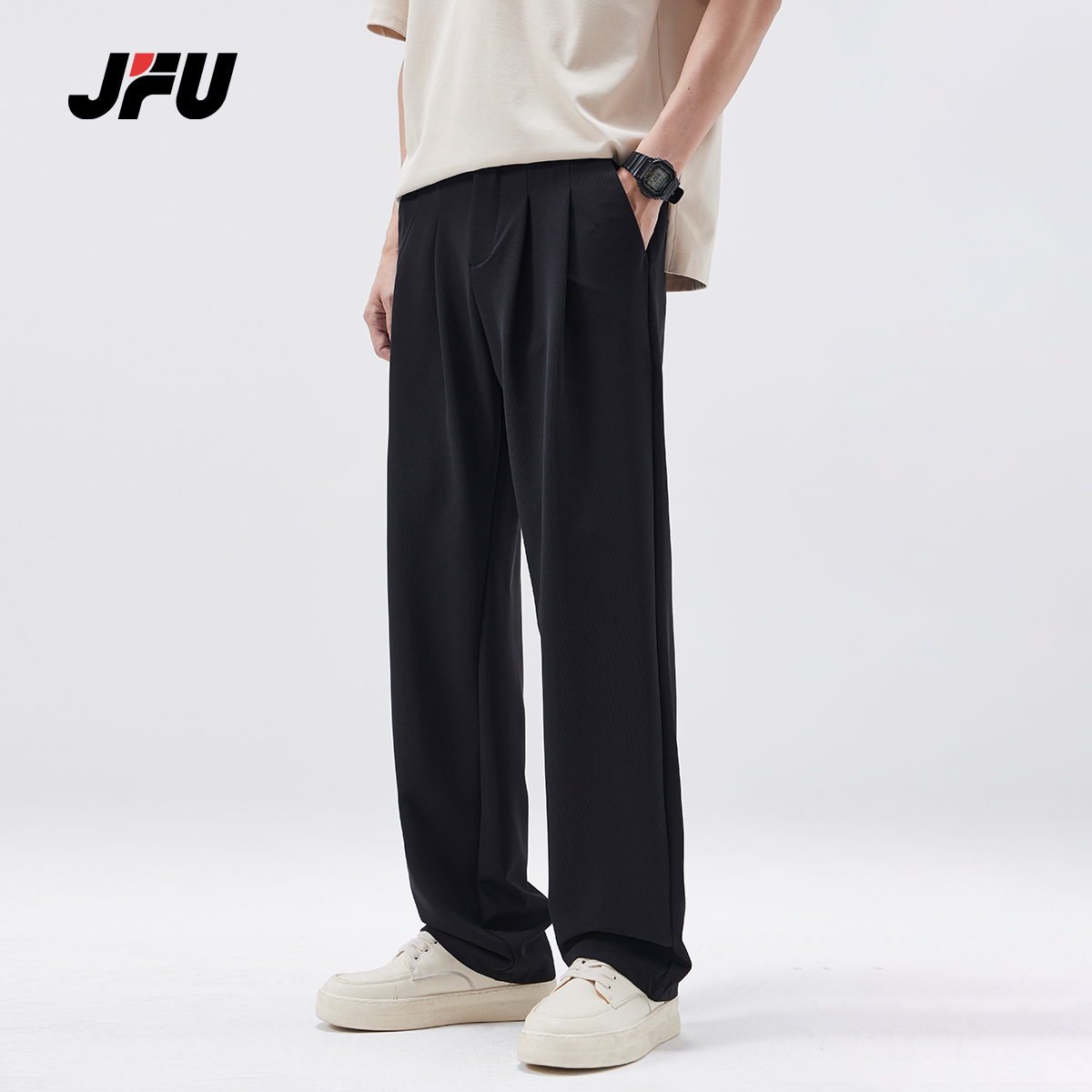JFU黑色休闲直筒裤男春夏薄款通勤百搭宽松阔腿拖地垂感西装裤