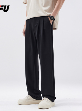 JFU黑色休闲直筒裤男春夏薄款通勤百搭宽松阔腿拖地垂感西装裤