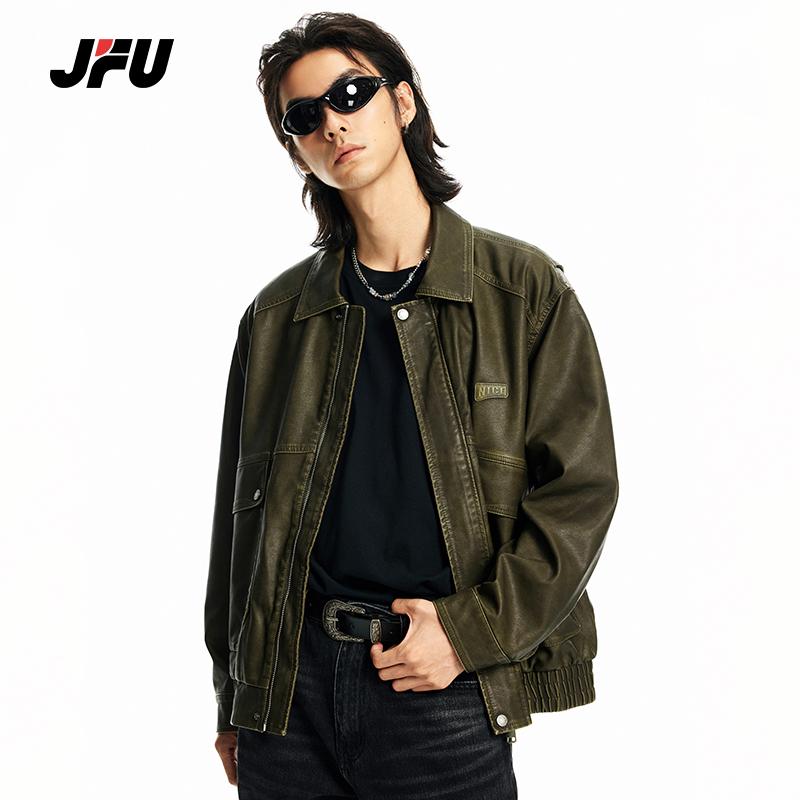 JFU美式复古翻领夹克软皮外套