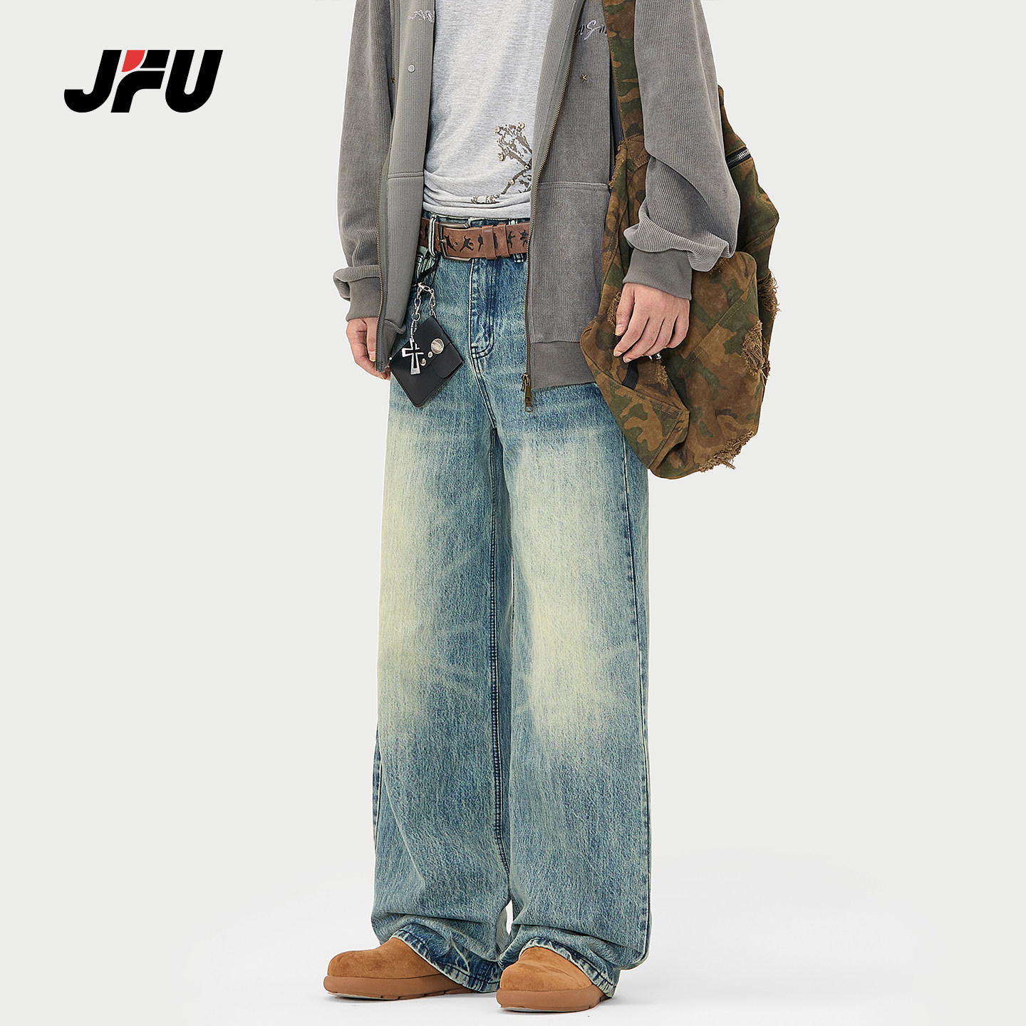 JFU潮牌 秋季美式复古水洗做旧直筒牛仔裤男款宽松阔腿拖地长裤