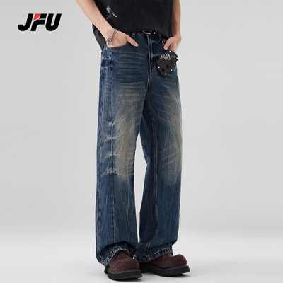 JFU潮牌美式复古水洗牛仔裤男