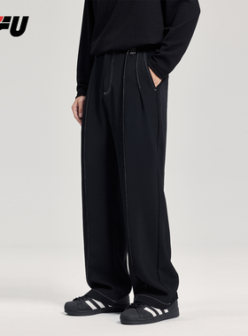 JFU秋冬垂感百搭款直筒休闲黑色小西裤高级感宽松加绒阔腿长裤男