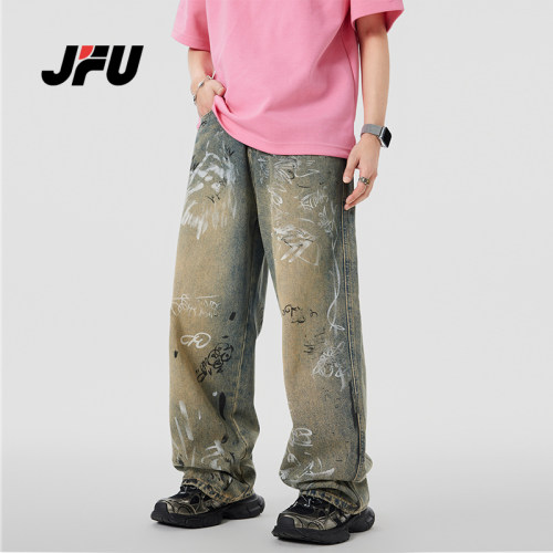 JFU拉链长裤涂鸦秋冬潮牌