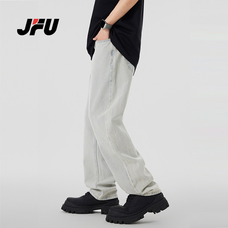 JFU 2024夏季薄款复古直筒牛仔裤男款浅色潮牌阔腿裤休闲长裤子男
