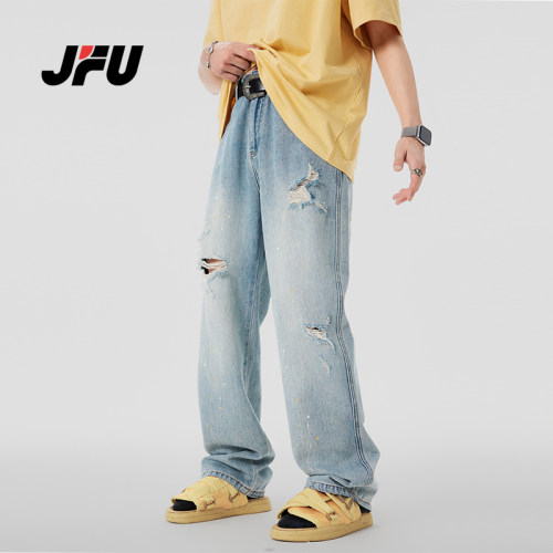 JFU高街薄款破洞牛仔裤男款2025夏款潮牌美式宽松阔腿直筒长裤子