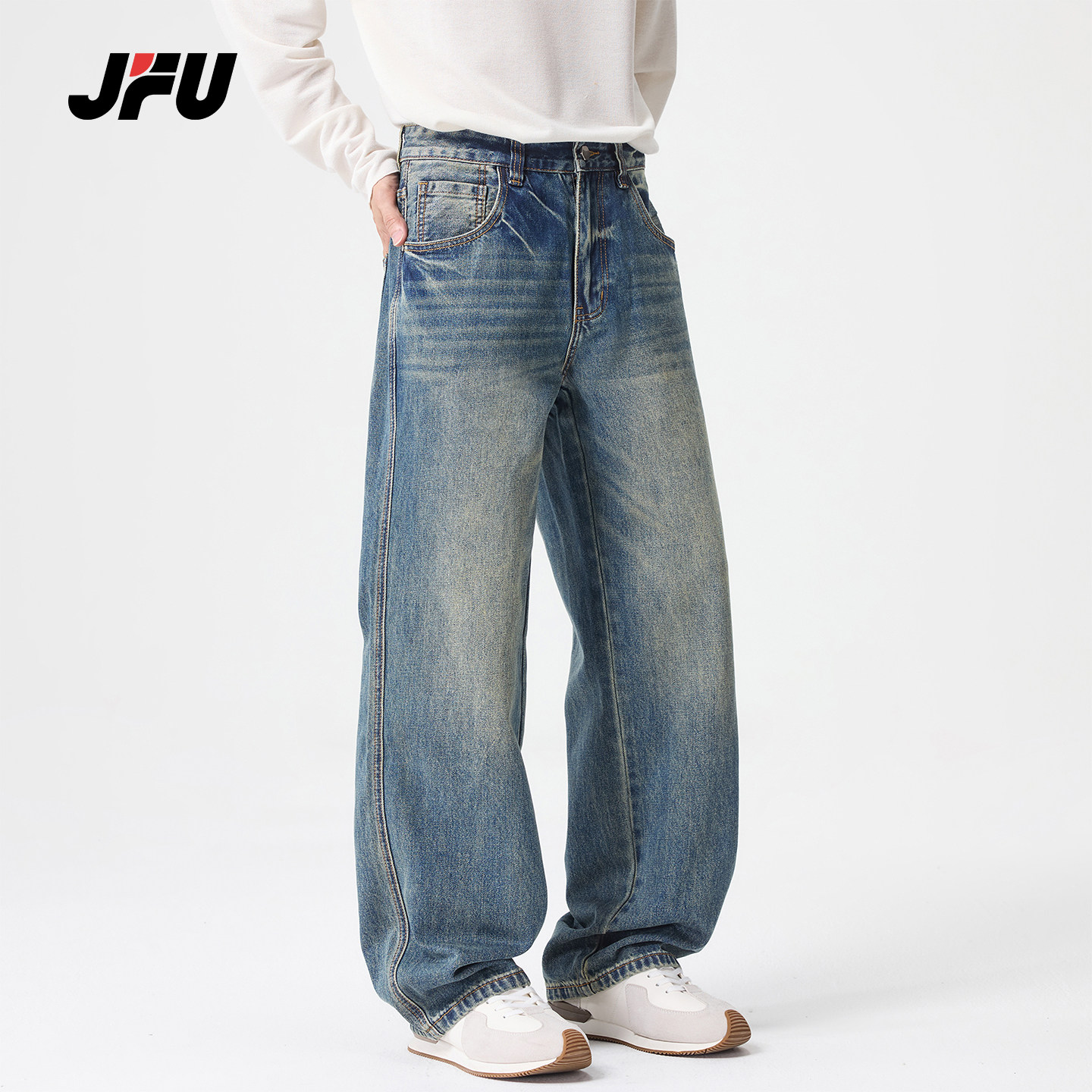 JFU潮牌 美式复古水洗做旧猫须直筒牛仔裤男高街宽松阔腿休闲长裤图片
