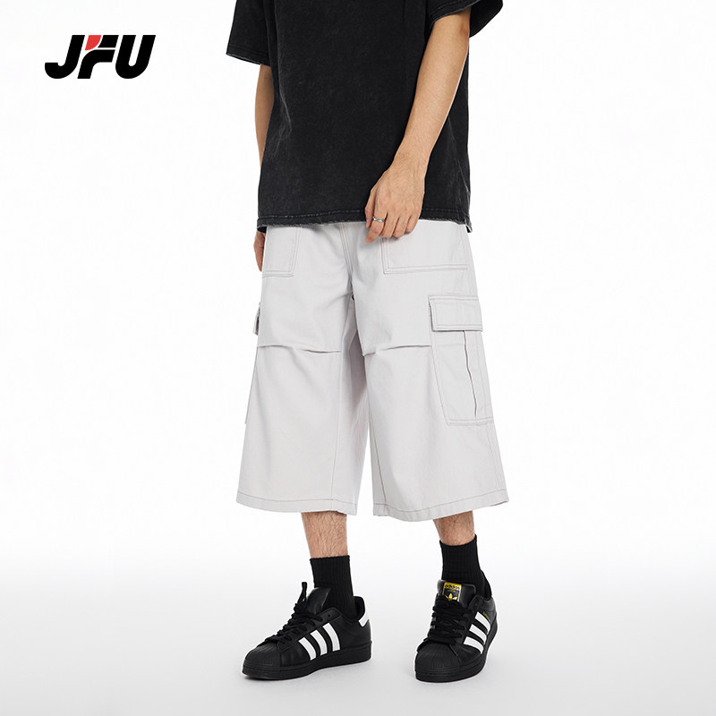 JFU夏季新款美式复古多口袋宽松工装短裤男款直筒阔腿七分休闲裤