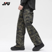 宽松直筒高街阔腿长裤 JFU工装 子 美式 复古迷彩裤 牛仔裤 男春秋款