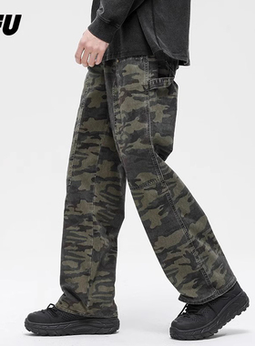 JFU工装牛仔裤男春秋款美式复古迷彩裤宽松直筒高街阔腿长裤子