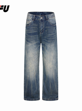 JFU潮牌 秋冬季美式复古水洗百搭直筒牛仔裤男宽松阔腿休闲长裤