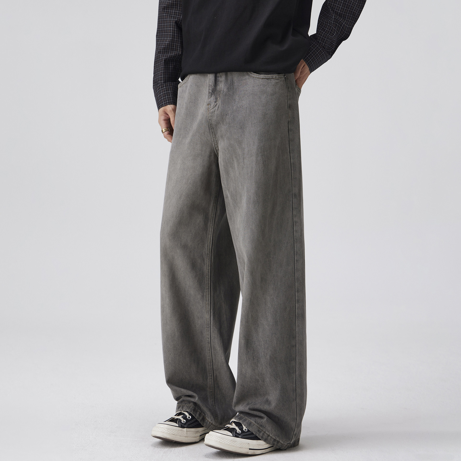 JFU潮牌 秋季新款美式复古水洗阔腿牛仔裤男款直筒垂感拖地长裤子