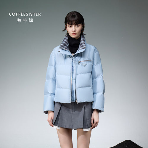 拼接立领短款O型撞格子羽绒服