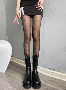 黑色丝袜ins新款2023女打底连裤春夏超薄透拼接波点黑丝渔网袜子