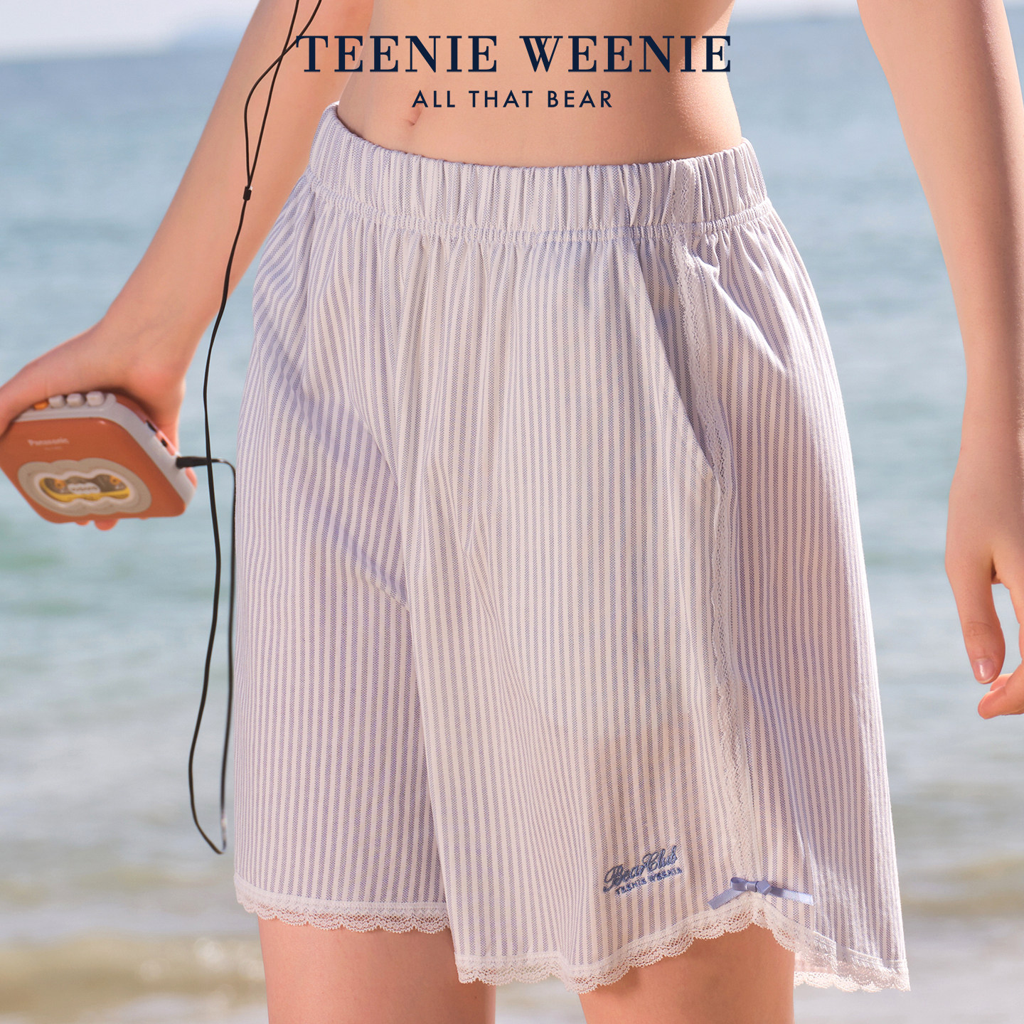 TeenieWeenie小熊纯棉睡裤女2026新款夏季宽松条纹短