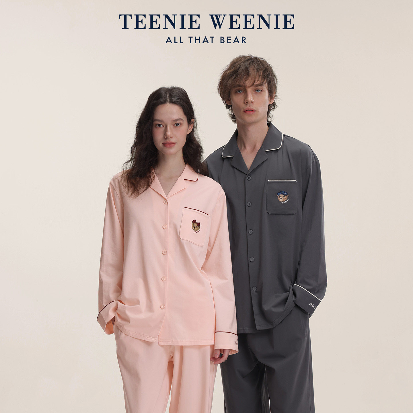 TeenieWeenie小熊情侣睡衣女2026新款秋季纯棉刺绣长